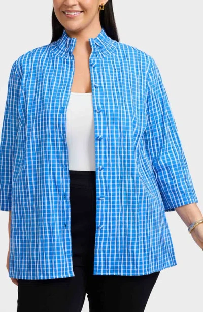 Foxcroft Carolina Crinkled Gingham Cotton Blend Shirt Jacket In Blue