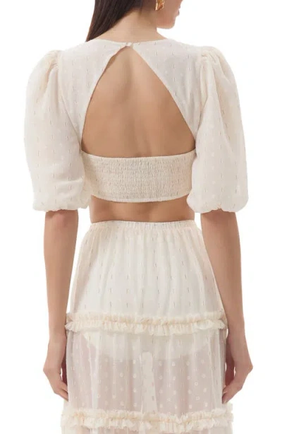 Afrm Emily Clip Dot Cutout Puff Sleeve Crop Top In Neutral