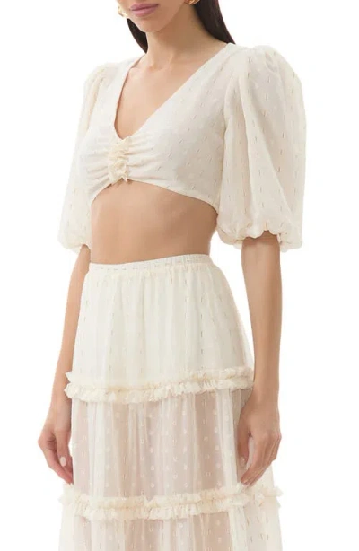 Afrm Emily Clip Dot Cutout Puff Sleeve Crop Top In Neutral