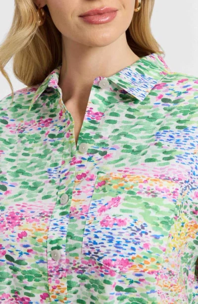 Foxcroft Abigail Short Sleeve Linen Blend Button-up Shirt In Multi
