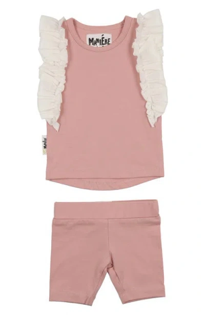 Maniere Manière Ruffle Edge Stretch Cotton Tank & Shorts Set In Pink
