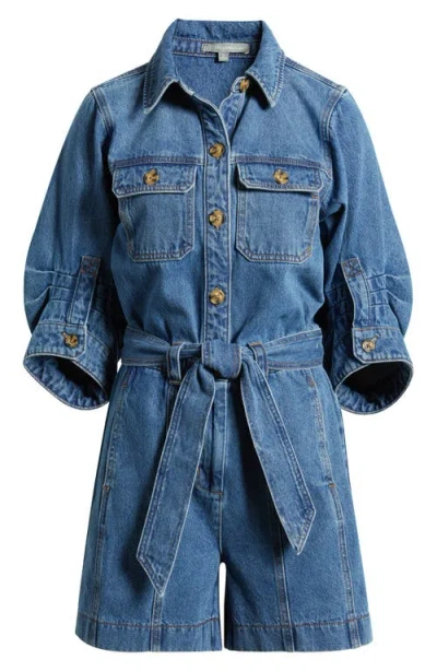Wit & Wisdom Barrel Sleeve Tie Waist Denim Romper In Blue