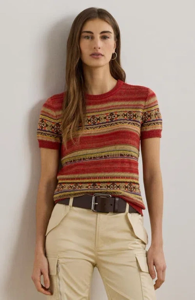 Ralph Lauren Geo-striped Short-sleeve Sweater In Red