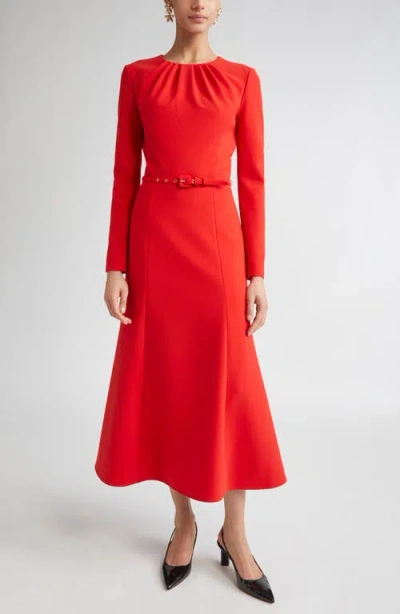 Carolina Herrera Gathered Neck Belted Long-sleeve Midi Dress In Red