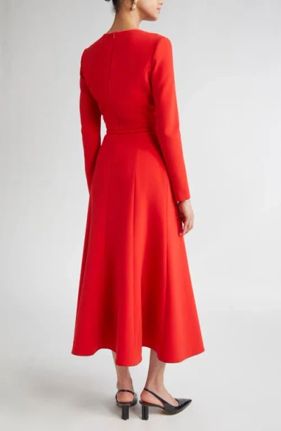 Carolina Herrera Gathered Neck Belted Long-sleeve Midi Dress In Red