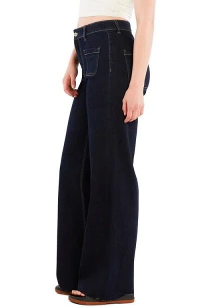 Hint Of Blu Patch Pocket Raw Hem Wide Leg Jeans In Blue