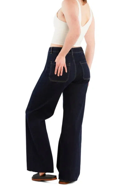 Hint Of Blu Patch Pocket Raw Hem Wide Leg Jeans In Blue