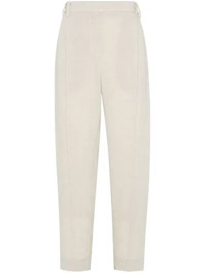 Brunello Cucinelli Slouchy Trousers In Sparkling Linen Canvas With Jewellery In Neutral