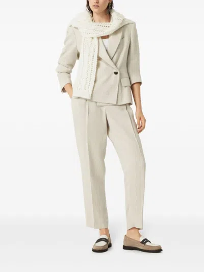 Brunello Cucinelli Slouchy Trousers In Sparkling Linen Canvas With Jewellery In Neutral