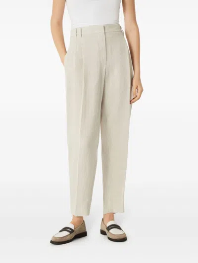 Brunello Cucinelli Slouchy Trousers In Sparkling Linen Canvas With Jewellery In Neutral
