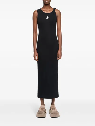 Jw Anderson Anchor Logo Twist Strap Rib Tank Dress In Black