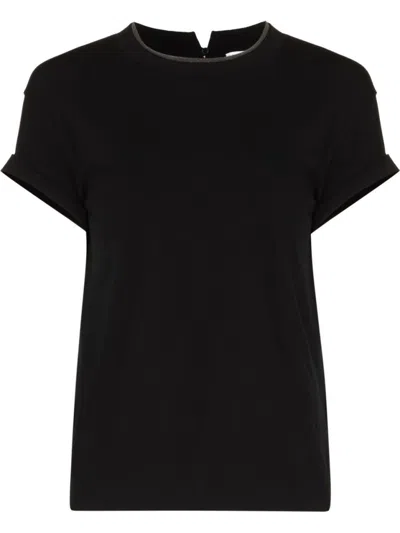 Brunello Cucinelli Short-sleeved T-shirt With Rolled Sleeves And Keyhole Detail In Black