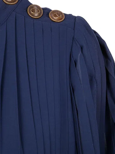 Twinset Twin-set Navy Blue Fully Pleated Maxi Dress In Blue