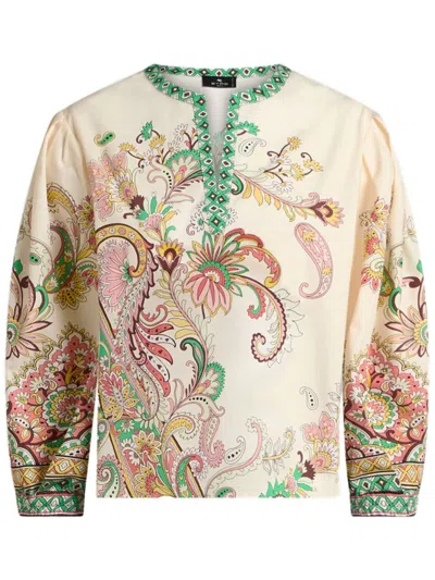 Etro Multicolor Blouse With V-neck And All-over Floral Print In Cotton Woman In Neutral