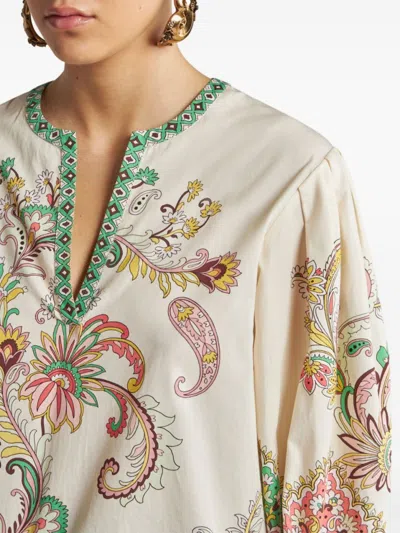 Etro Multicolor Blouse With V-neck And All-over Floral Print In Cotton Woman In Neutral