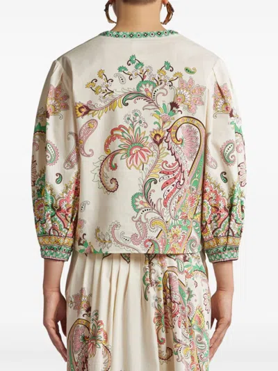 Etro Multicolor Blouse With V-neck And All-over Floral Print In Cotton Woman In Neutral