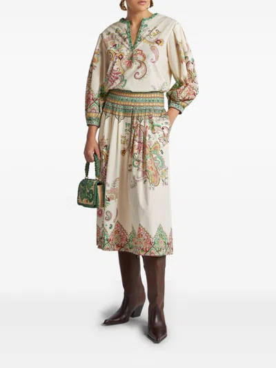 Etro Multicolor Blouse With V-neck And All-over Floral Print In Cotton Woman In Neutral