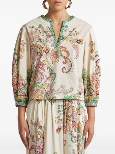 Etro Multicolor Blouse With V-neck And All-over Floral Print In Cotton Woman In Neutral