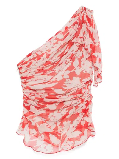 Victoria Beckham Womens Chilli Blush Asymmetric Draped Floral Silk Top In Red