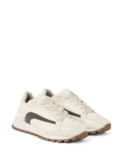 Brunello Cucinelli Panelled White Sneakers With Branded Details