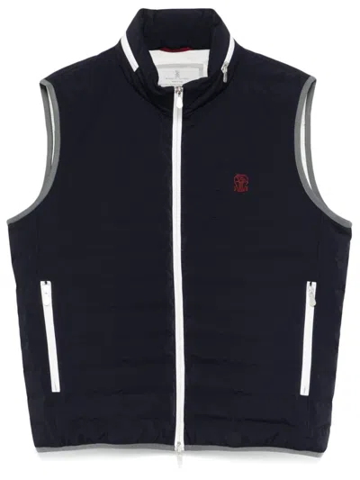 Brunello Cucinelli Gilet In Navy Blue With Front Two-way Zip Fastening In Blue