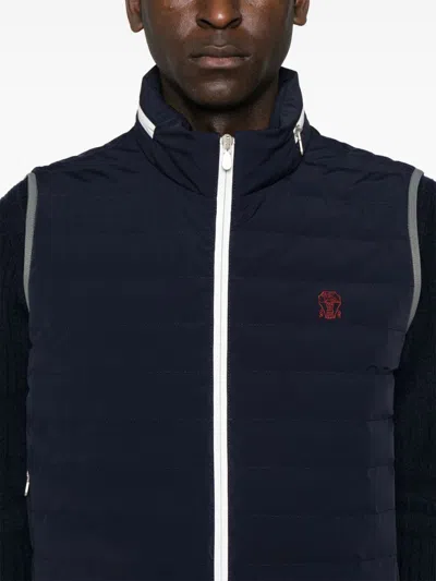 Brunello Cucinelli Gilet In Navy Blue With Front Two-way Zip Fastening In Blue
