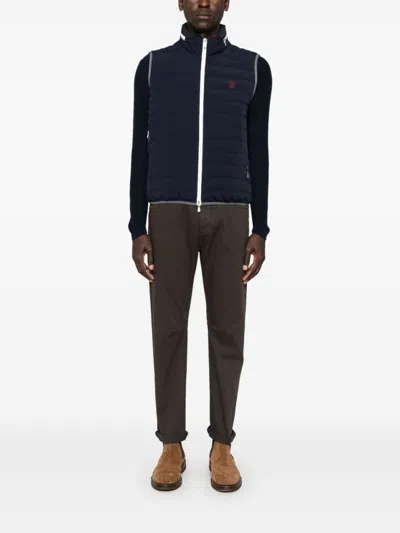 Brunello Cucinelli Gilet In Navy Blue With Front Two-way Zip Fastening In Blue