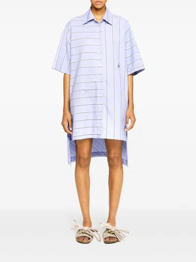 Jw Anderson J. W. Anderson Patchwork Cotton Shirt Dress With Asymmetric Hem In Blue