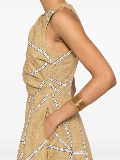 Elisabetta Franchi Midi Dress With Geometric Patterns And Rounded Collar In Gold