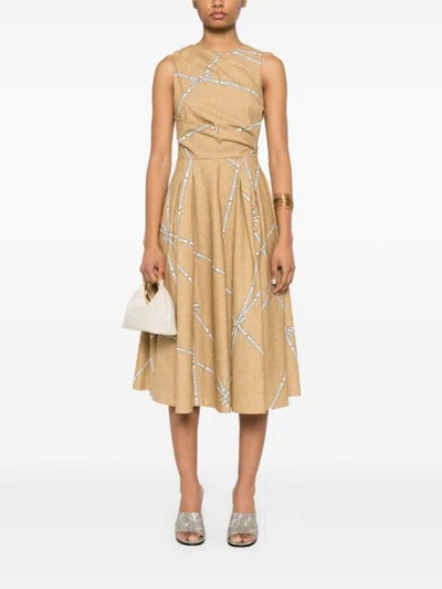 Elisabetta Franchi Midi Dress With Geometric Patterns And Rounded Collar In Gold