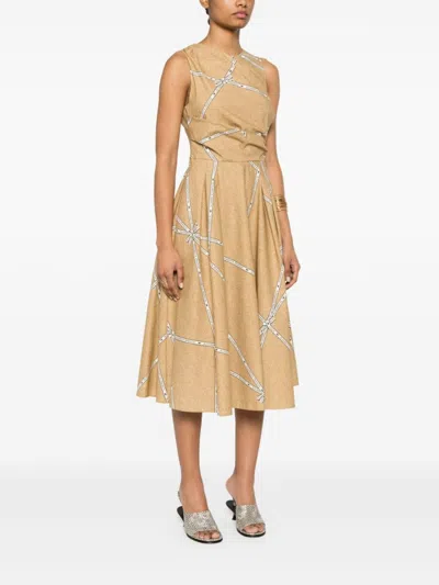 Elisabetta Franchi Midi Dress With Geometric Patterns And Rounded Collar In Gold