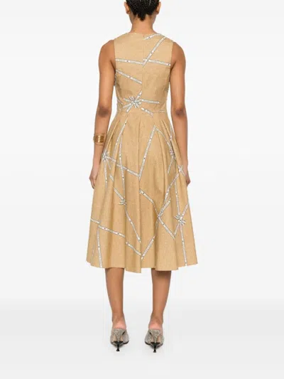 Elisabetta Franchi Midi Dress With Geometric Patterns And Rounded Collar In Gold