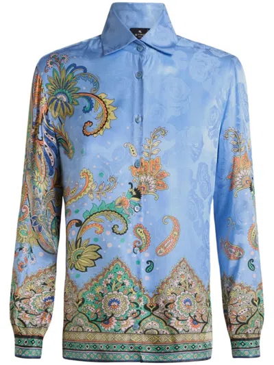 Etro All-over Signature Print Long-sleeved Shirt In Blue