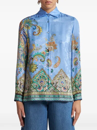 Etro All-over Signature Print Long-sleeved Shirt In Blue