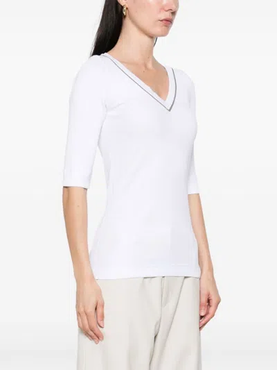 Brunello Cucinelli Ribbed V-neck 3/4 Sleeves Crewneck Contrast Trim In White