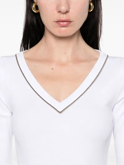 Brunello Cucinelli Ribbed V-neck 3/4 Sleeves Crewneck Contrast Trim In White