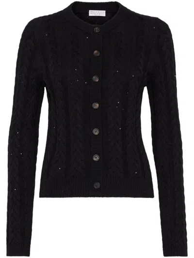 Brunello Cucinelli Cable-knit Dazzling Cardigan In Black