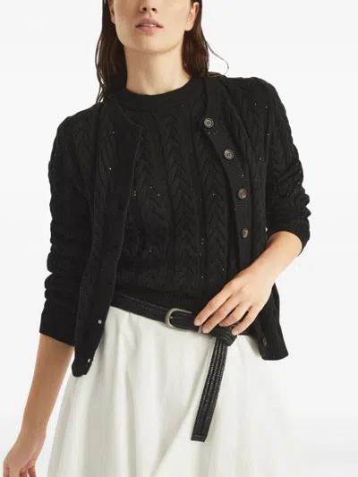 Brunello Cucinelli Cable-knit Dazzling Cardigan In Black
