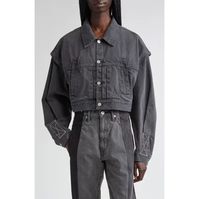 Kuro Power Shoulder Denim Crop Jacket In Gray