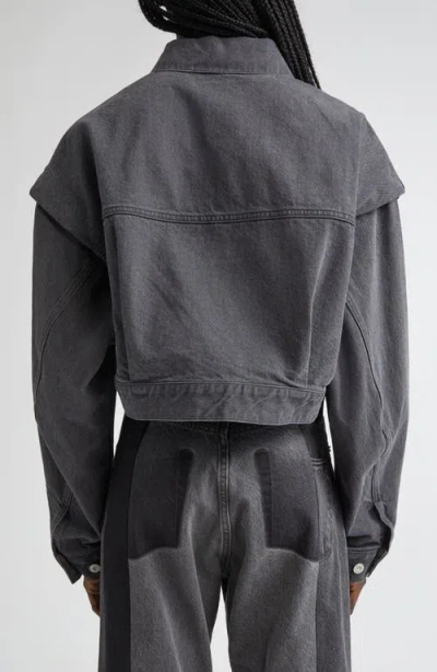 Kuro Power Shoulder Denim Crop Jacket In Gray