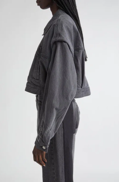 Kuro Power Shoulder Denim Crop Jacket In Gray