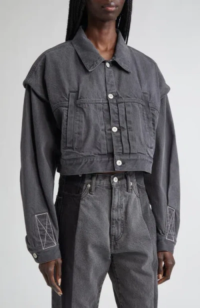 Kuro Power Shoulder Denim Crop Jacket In Gray