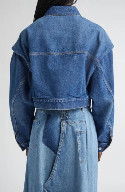 Kuro Power Shoulder Denim Crop Jacket In Blue