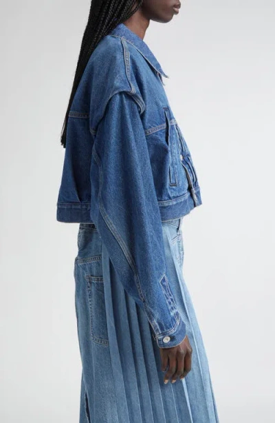 Kuro Power Shoulder Denim Crop Jacket In Blue