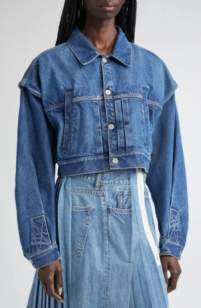 Kuro Power Shoulder Denim Crop Jacket In Blue