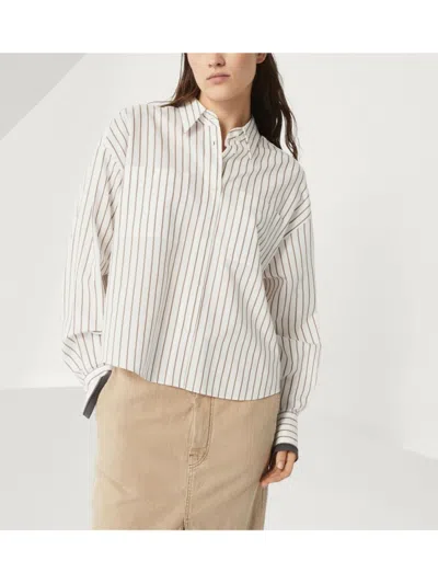 Brunello Cucinelli Long-sleeve Shirt With Vertical Stripes And Contrasting Cuffs In White