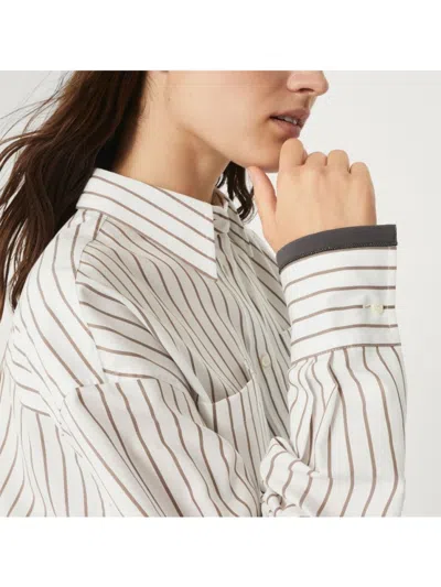 Brunello Cucinelli Long-sleeve Shirt With Vertical Stripes And Contrasting Cuffs In White
