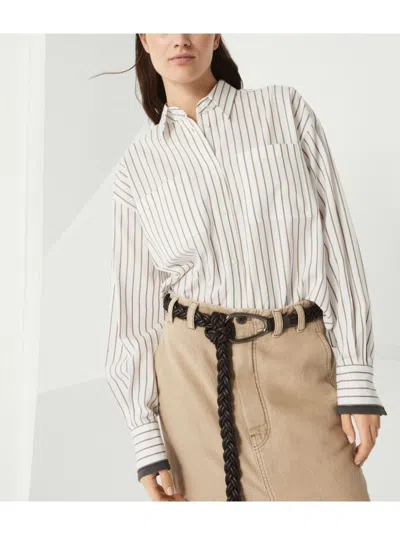 Brunello Cucinelli Long-sleeve Shirt With Vertical Stripes And Contrasting Cuffs In White