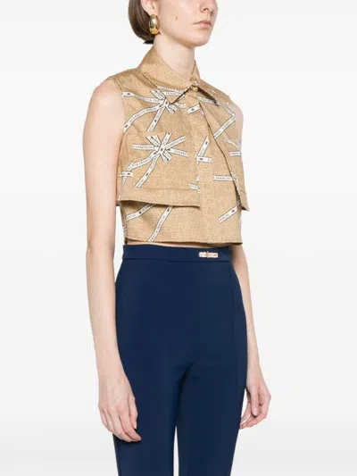 Elisabetta Franchi Cropped Beige And White Structured Shirt In Brown