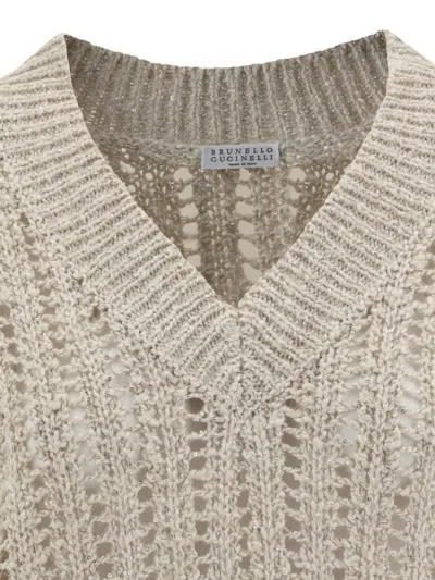 Brunello Cucinelli Oversized Cable-knit Sweater With V-neckline In Neutral